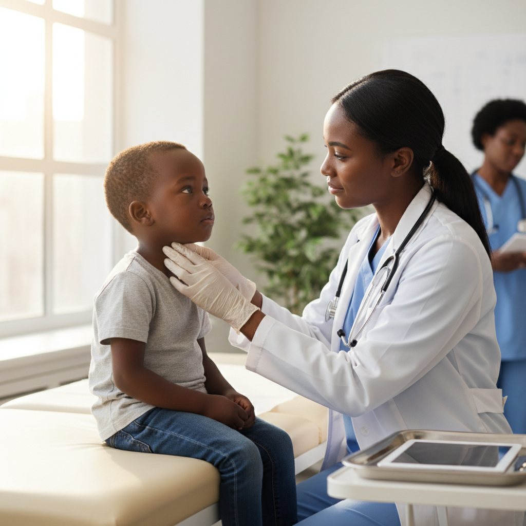 Female African healthcare worker in white coat examining young patient in modern medical clinic with medical equipment