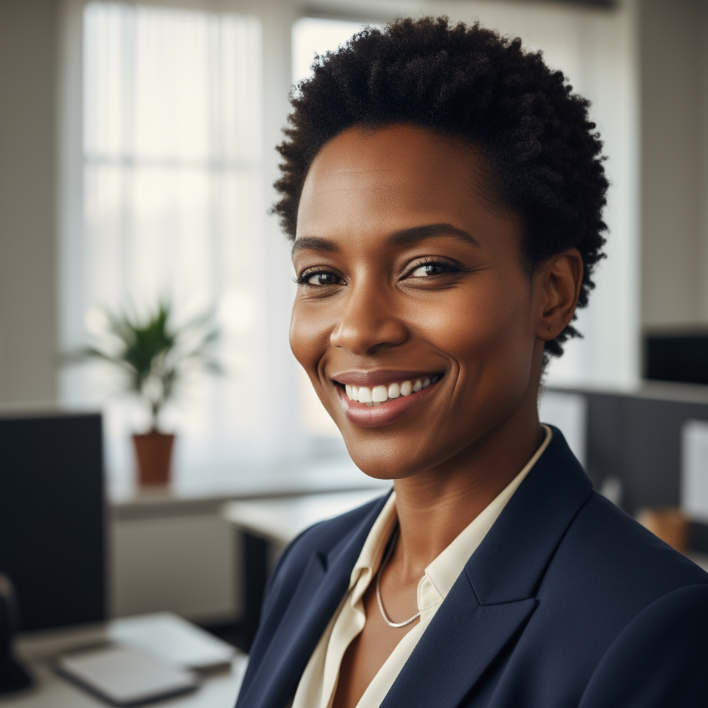 Professional African American woman in business attire, confident smile, office background