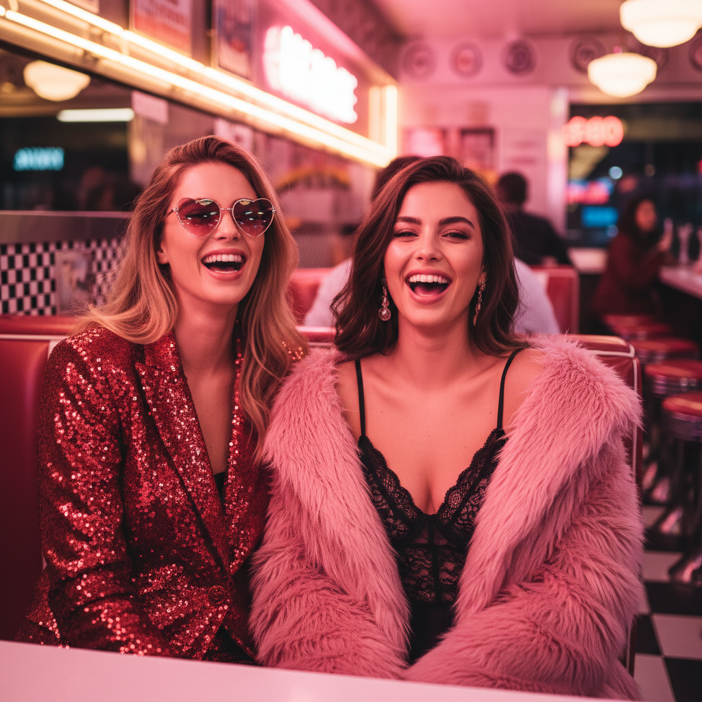 Two models mid-laugh at a vintage diner booth — one in a sequined red blazer and heart-shaped sunglasses, the other in a black lace bodysuit under an oversized pink faux-fur coat, neon pink-gold glow across the scene