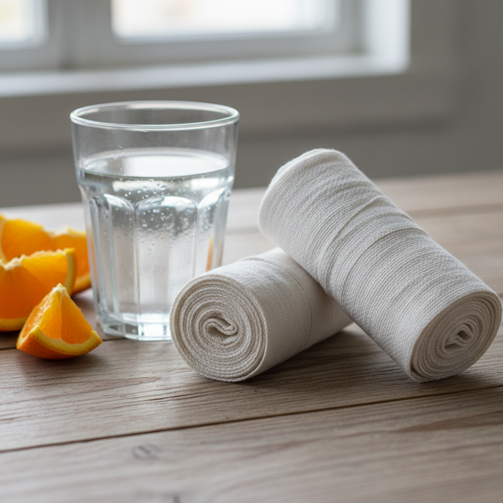 Boxing hand wraps coiled on a wooden table next to a glass of water and orange slices