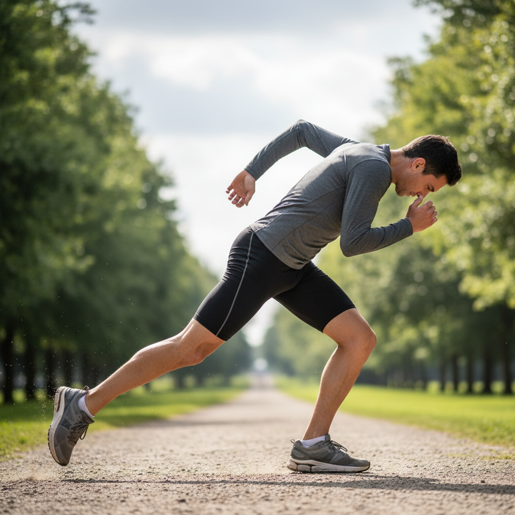 Runner overstriding with heel strike, arms crossing midline, hunched posture on run segment