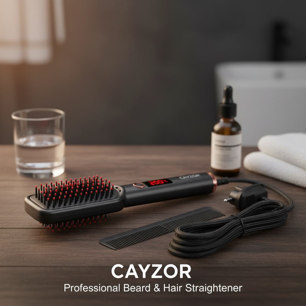 Man using beard styling brush in dim bathroom with warm ambient light, dark tiled wall background with deep shadows