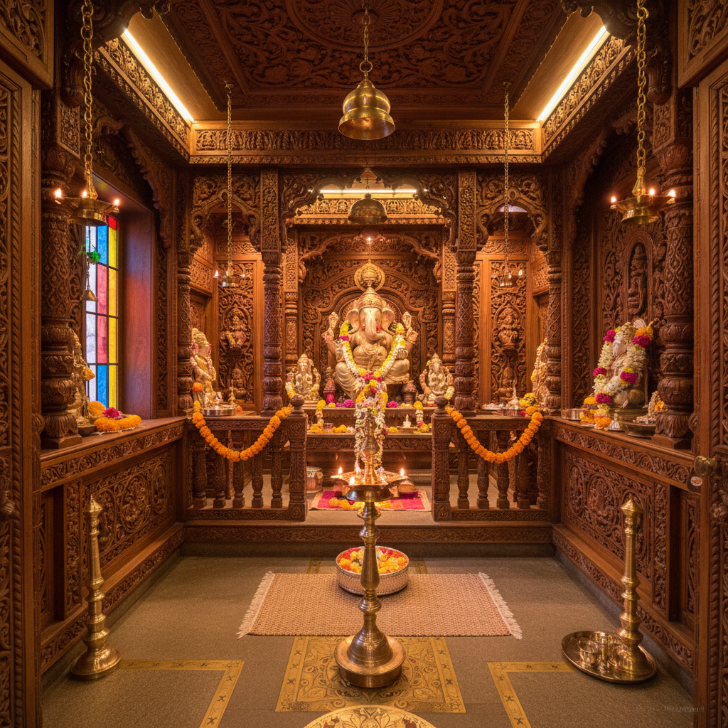 Beautiful pooja room with carved wooden panels, warm yellow lighting, and traditional decorative elements in a home