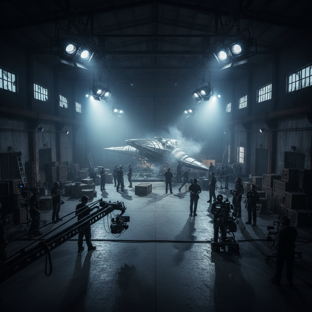 Film set with dramatic overhead lighting