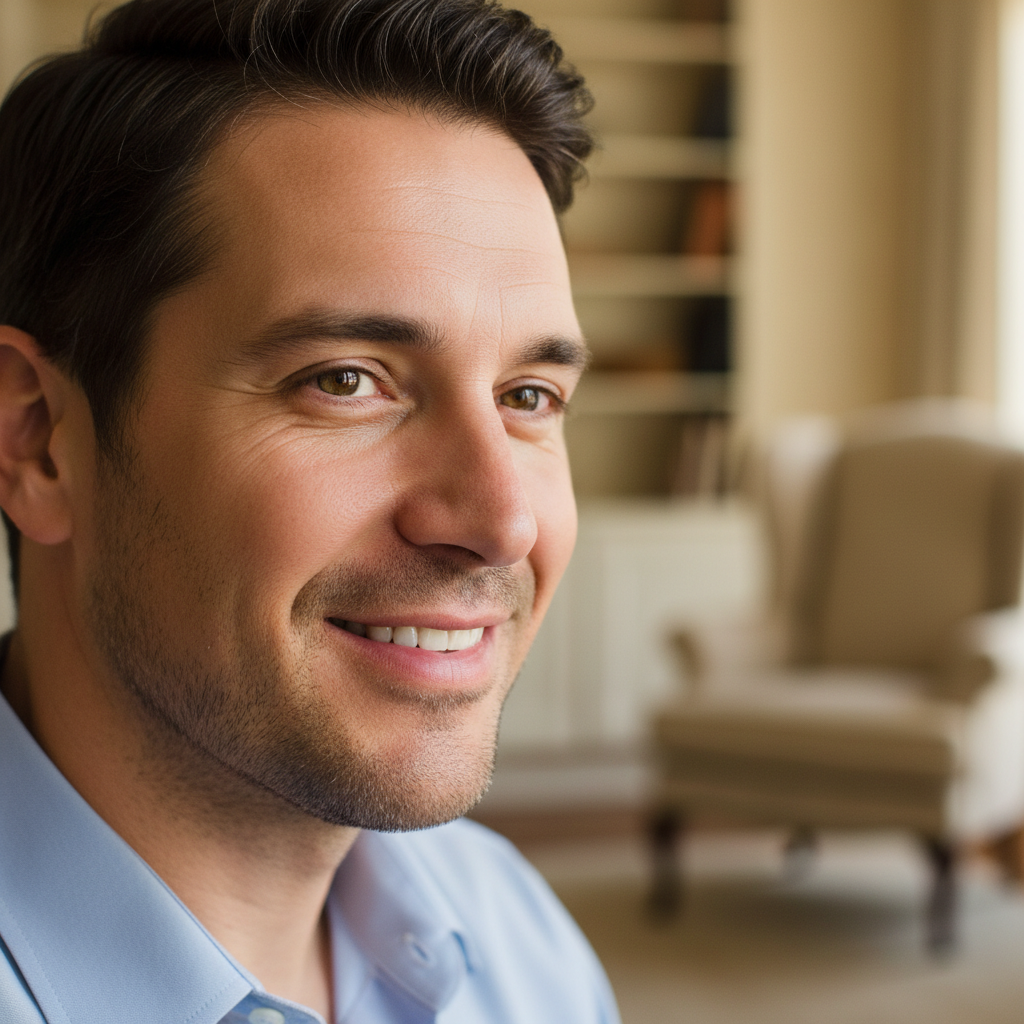 Man with warm smile wearing casual blue shirt in bright indoor setting