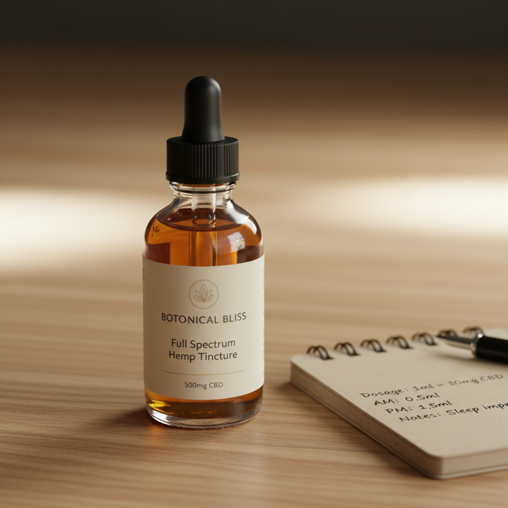 Glass tincture bottle with handwritten field label sitting on a linen cloth