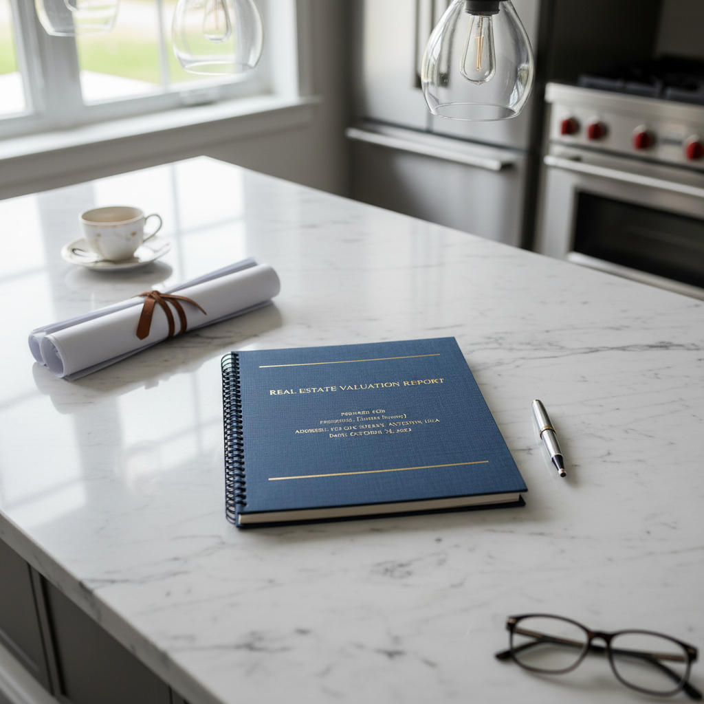 Bound appraisal report placed on a stone kitchen island in a luxury residence