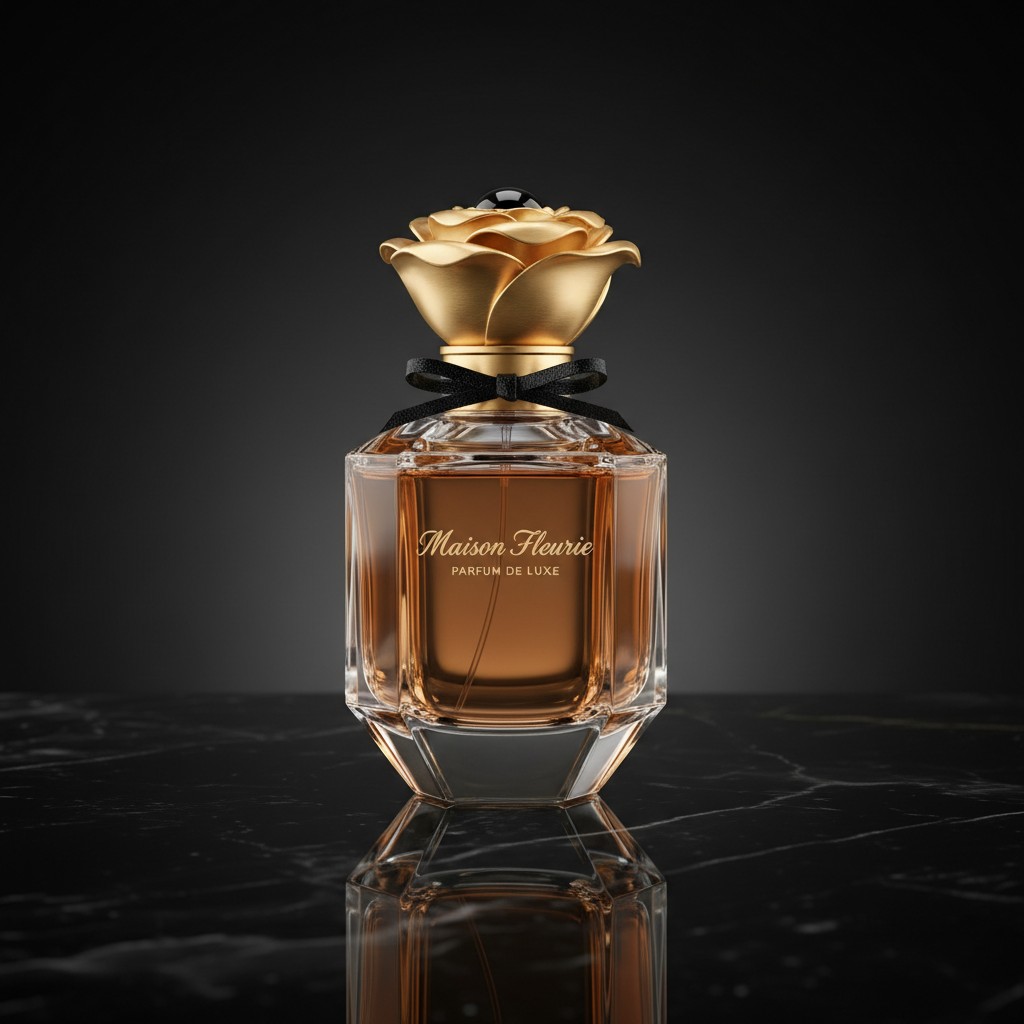Elegant perfume bottle with golden cap on marble surface