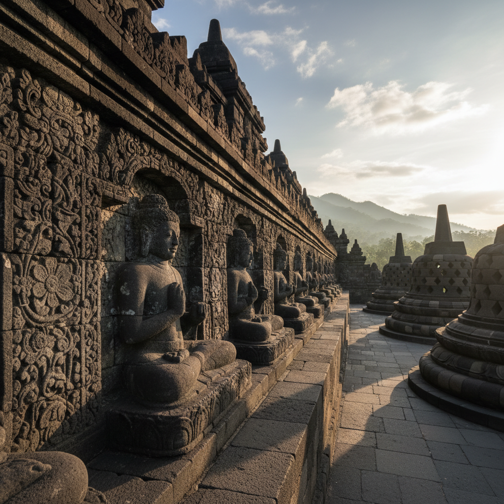 Relief batu Borobudur dengan ukiran detail, tekstur batu tua berwarna abu gelap, pencahayaan dramatis dari sisi kanan