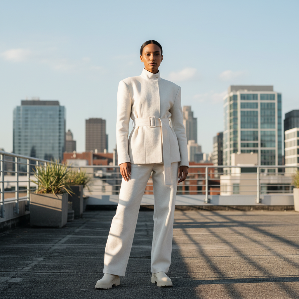 Canvas jacket worn by model, front view showing structured silhouette