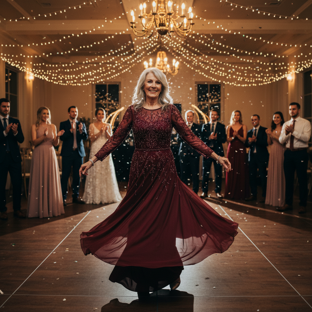 An elegant woman in her early sixties in a merlot beaded gown dancing at a wedding, motion blur in her hands
