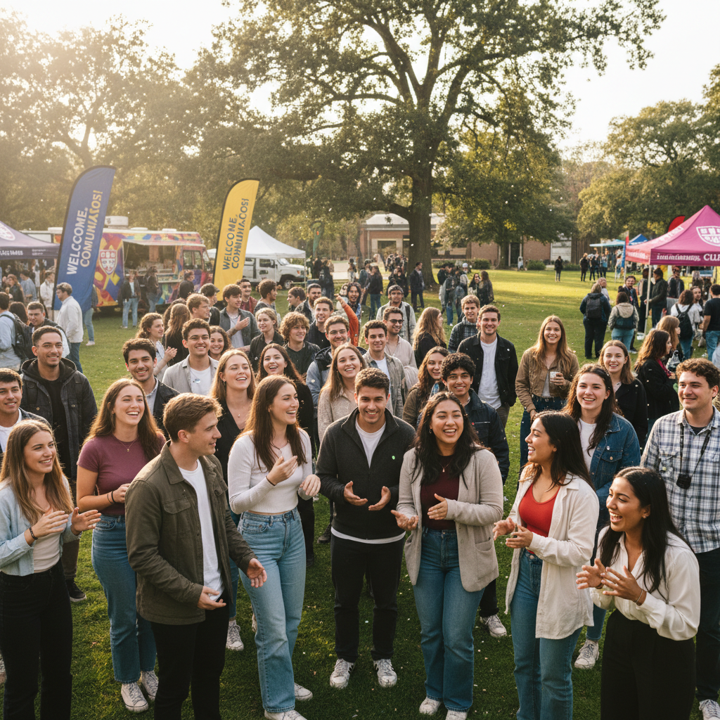 Students gathered at an outdoor community event, smiling and engaged, bright sunny day