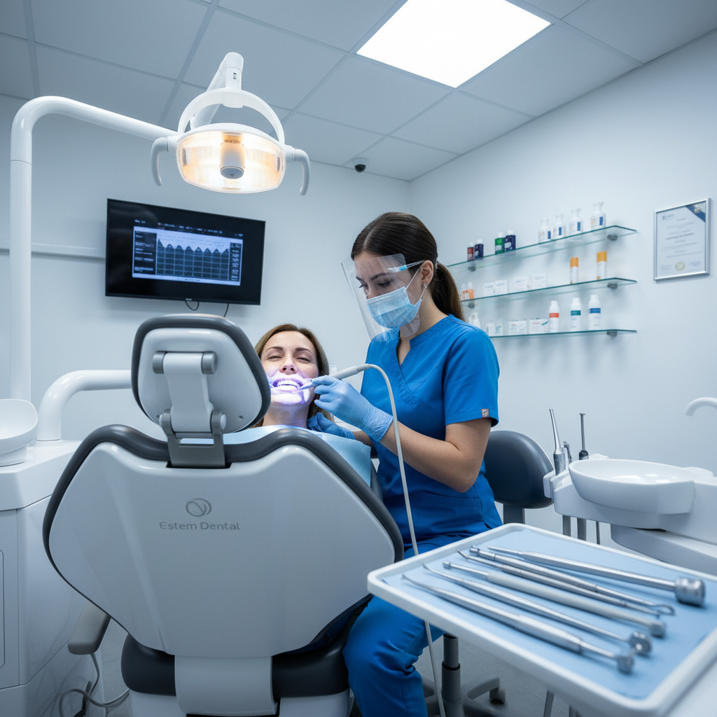Dentist performing teeth whitening procedure in bright clinic