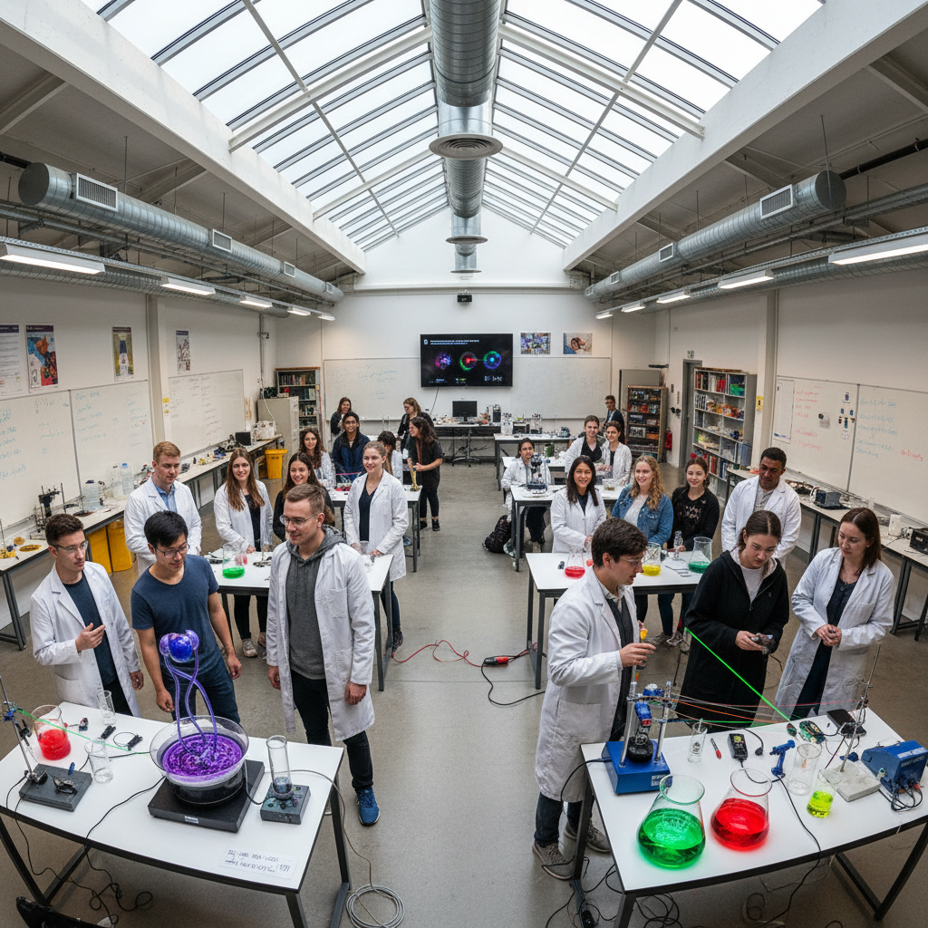 Kids doing a science experiment at a table, laughing with colorful liquids in beakers, warm classroom lighting