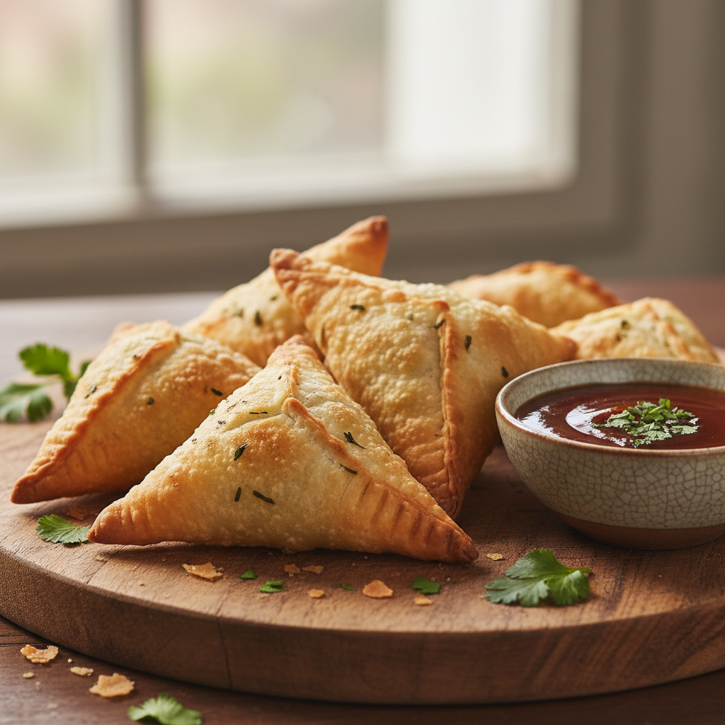 Golden crispy sambousak pastries on a serving board with dipping sauce