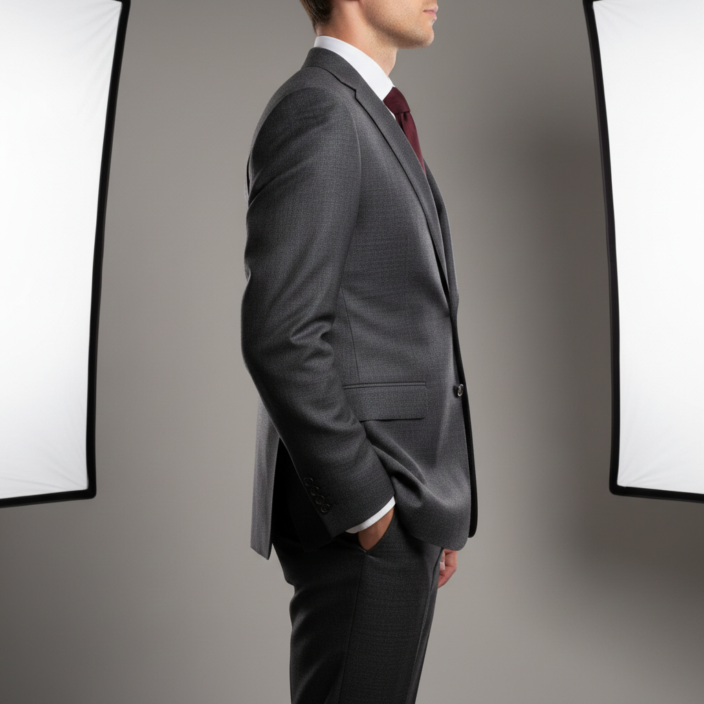 Man in full suit, dark atmospheric studio, dramatic side lighting, deep shadows