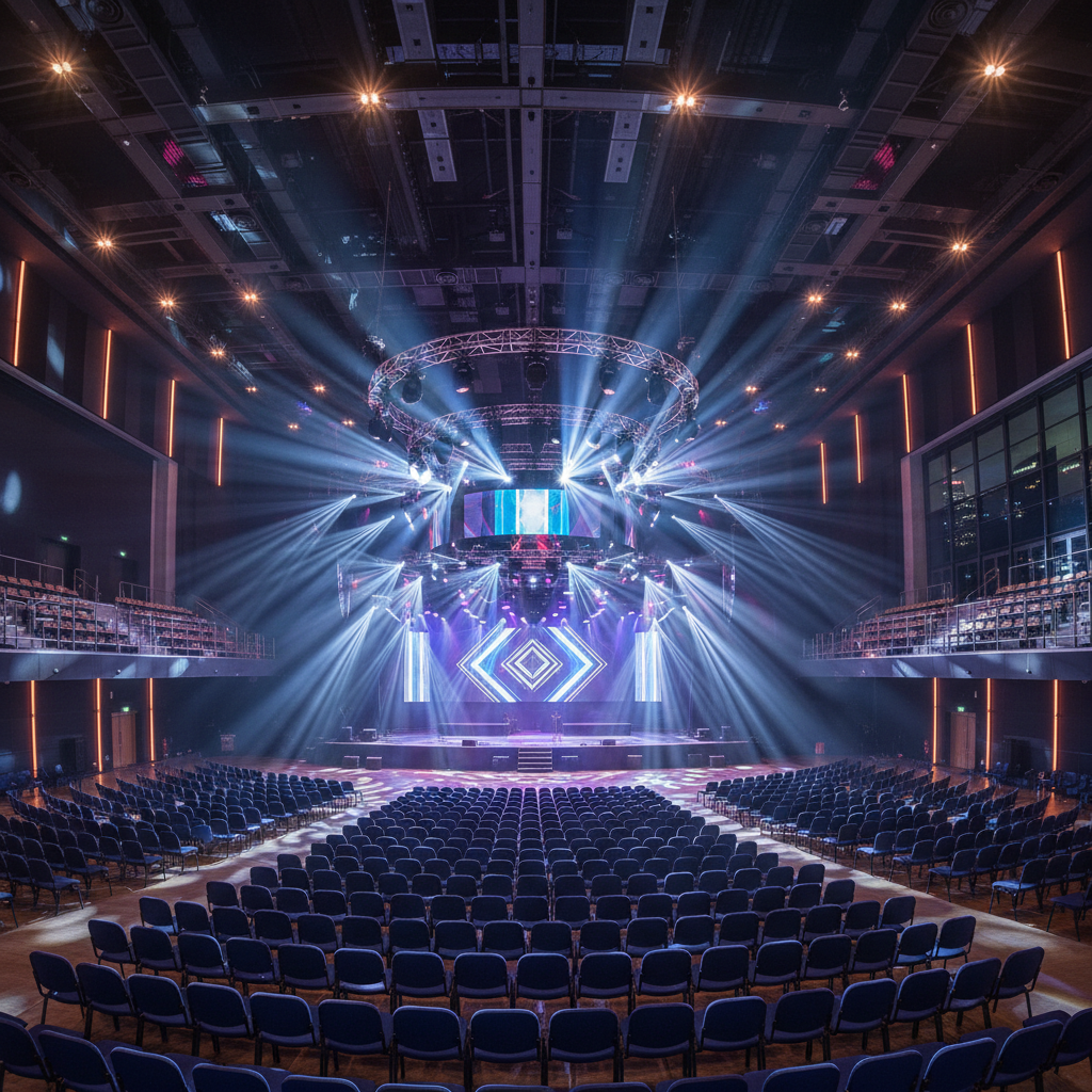 Modern event hall with colorful lighting, rows of chairs, bright stage, dark ceiling with spotlights