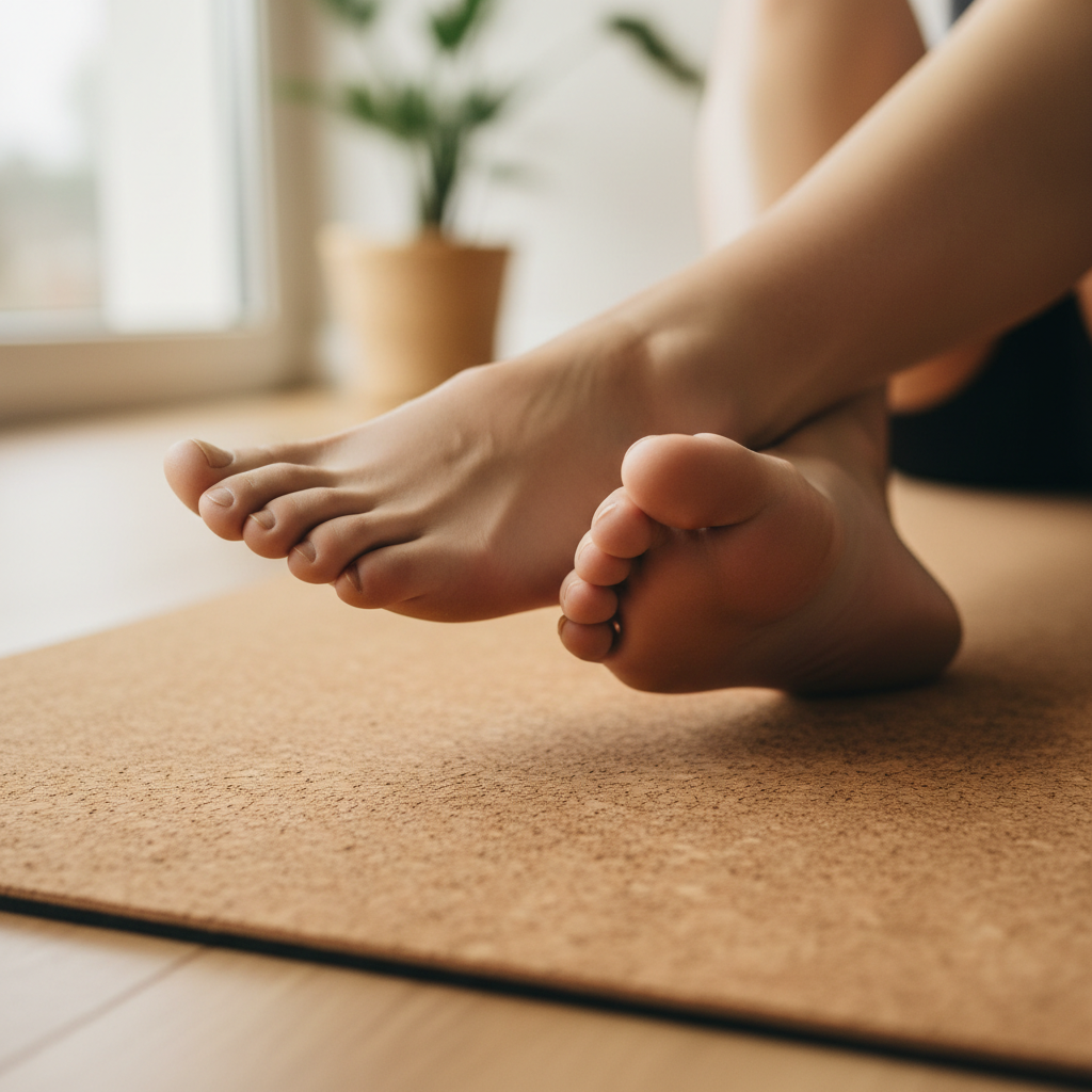 Close-up of hands pressing into a yoga mat, natural light, wooden floor