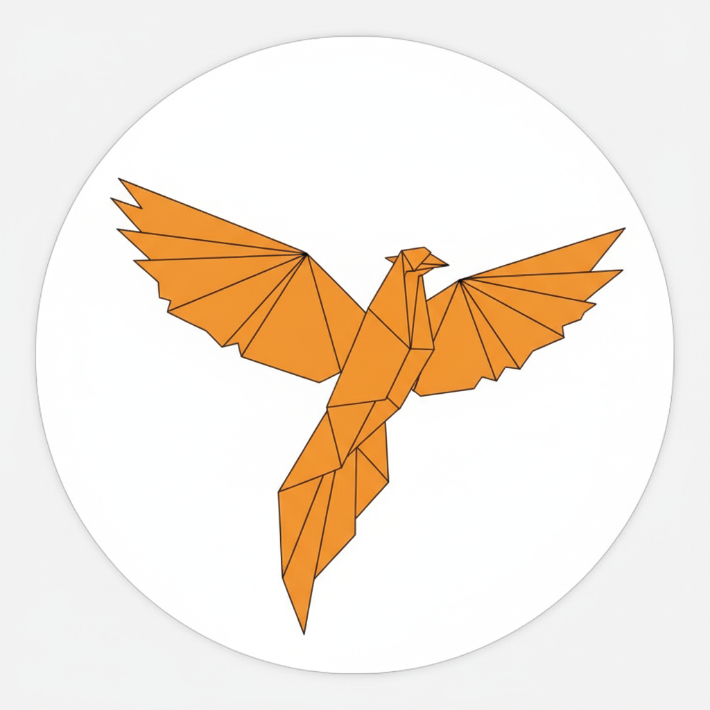 Dramatic origami phoenix with spread wings folded from single uncut square of orange paper