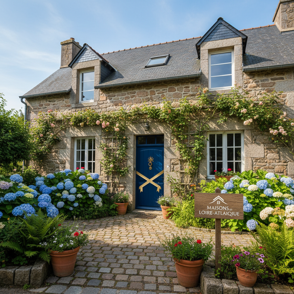 Maison bretonne en pierre avec jardin, représentant les transactions immobilières en Loire-Atlantique