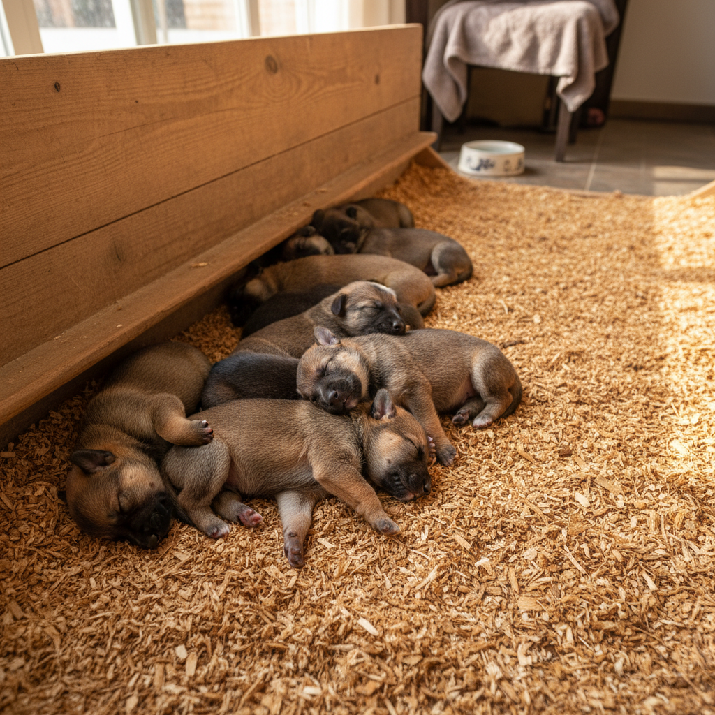 Litter of German Shepherd puppies sleeping together in whelping box on cedar shavings