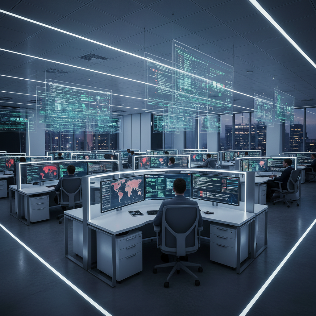 Professional cybersecurity team working in a modern office environment with multiple screens displaying security dashboards