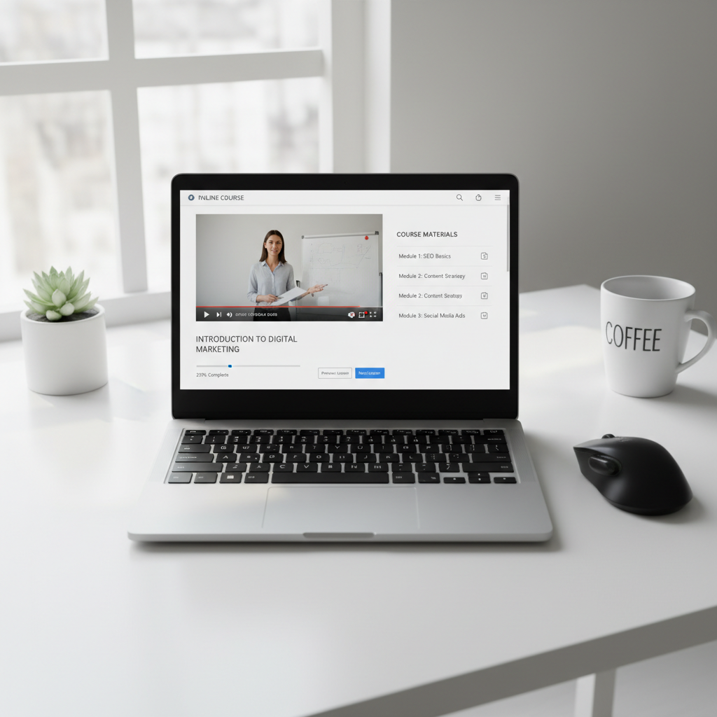 Modern laptop showing updated course content and learning platform interface