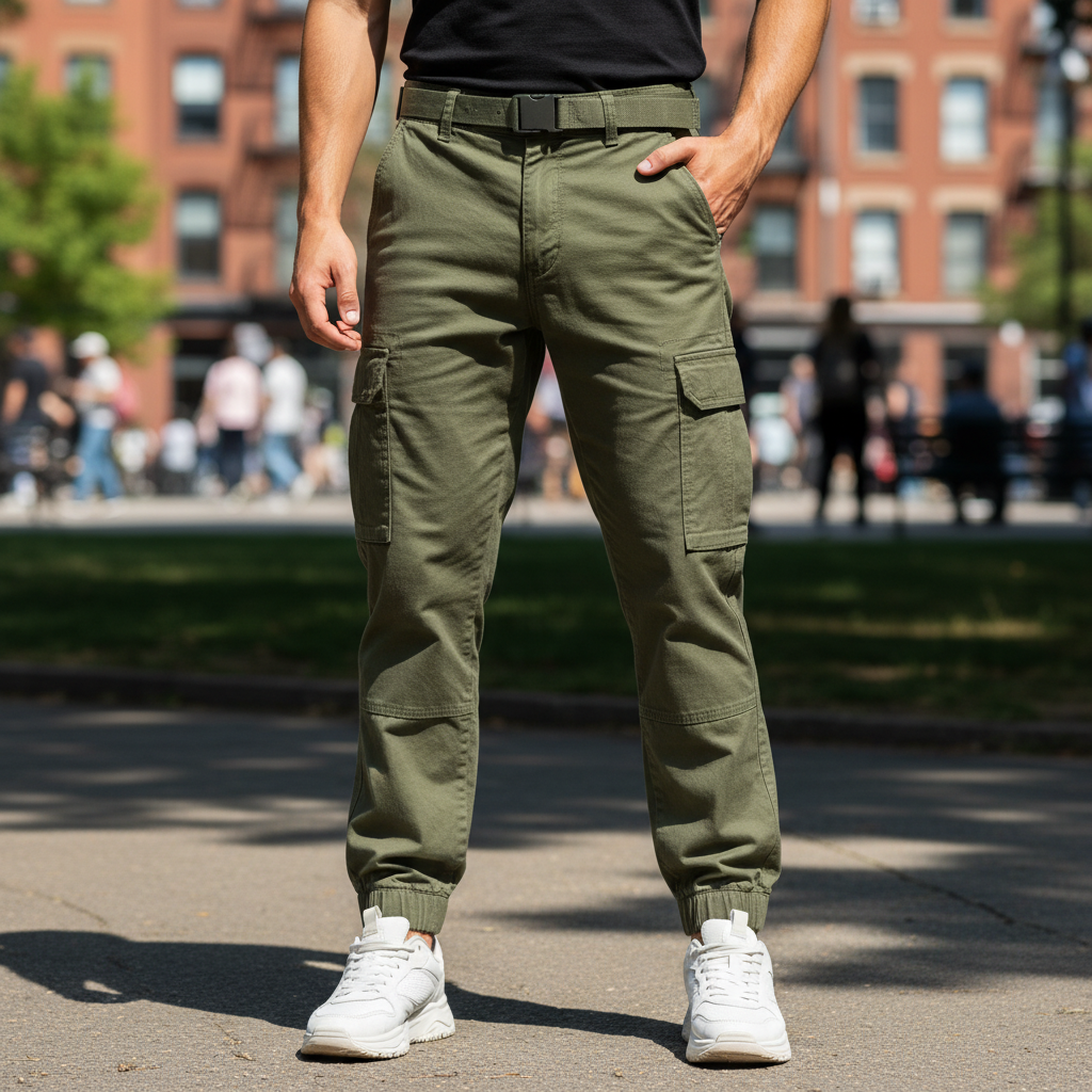 Olive green wide-leg cargo pants on model against urban concrete wall, street photography