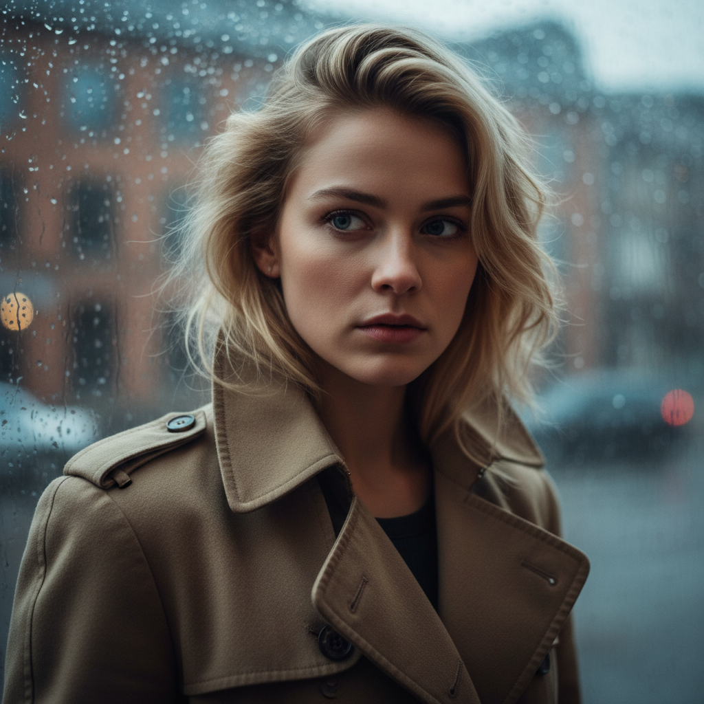 Woman detective in dark coat, serious expression, dramatic moody lighting, film noir aesthetic, shadowed face