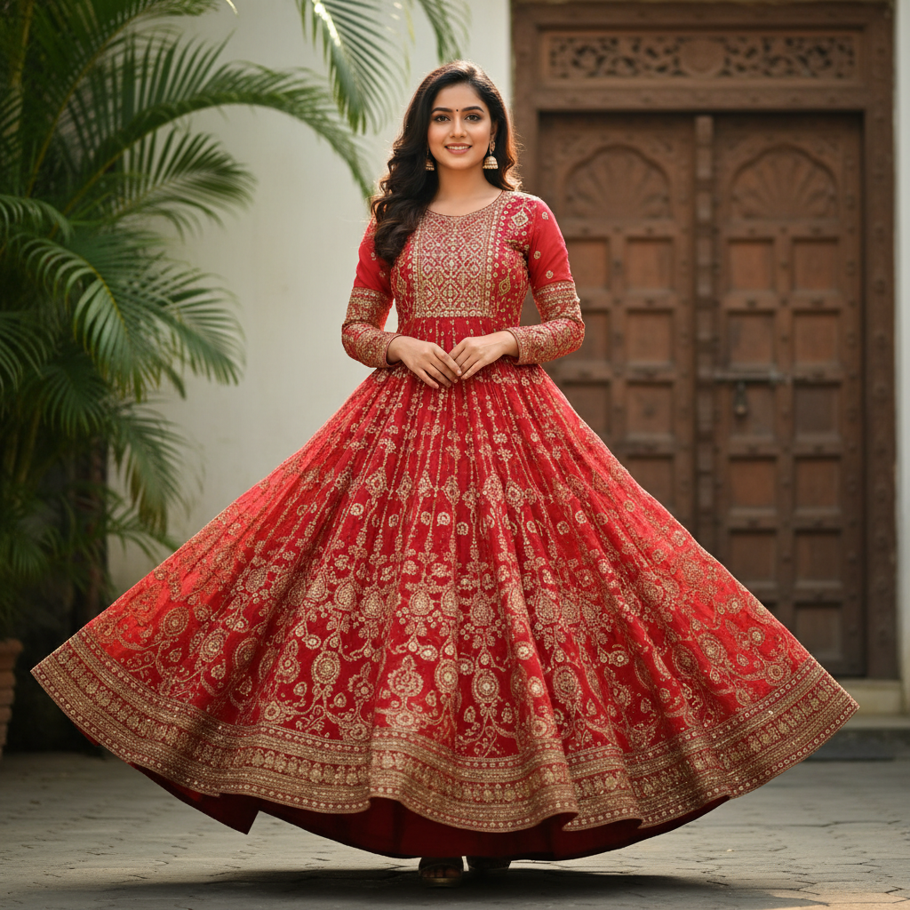 Woman in elegant silk anarkali dress with intricate embroidery, studio backdrop