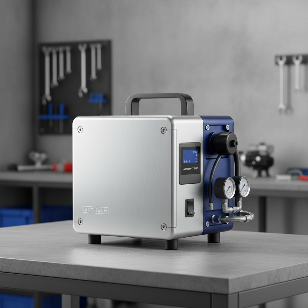 Compact industrial compressor unit in workshop, grey steel housing, gauges visible on front panel