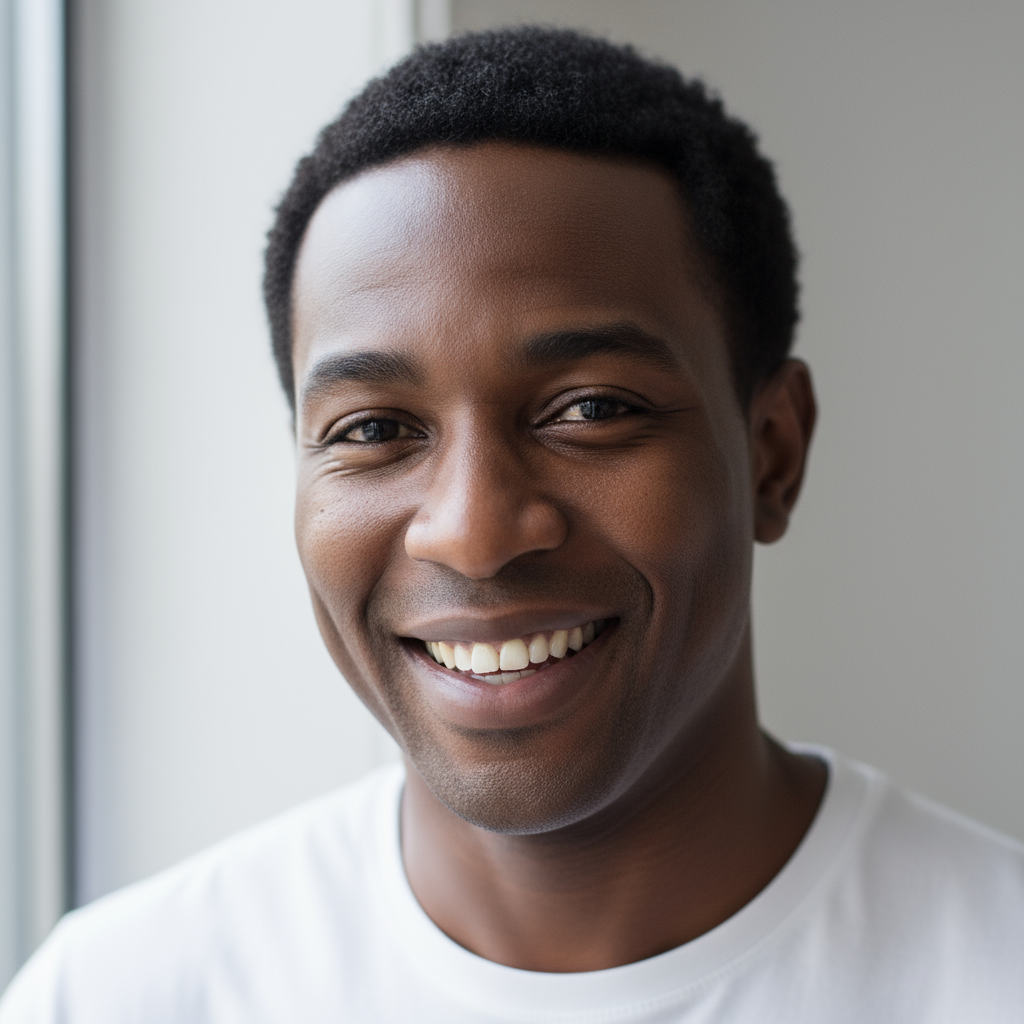 Portrait d'un jeune homme professionnel africain souriant, chemise blanche, fond clair