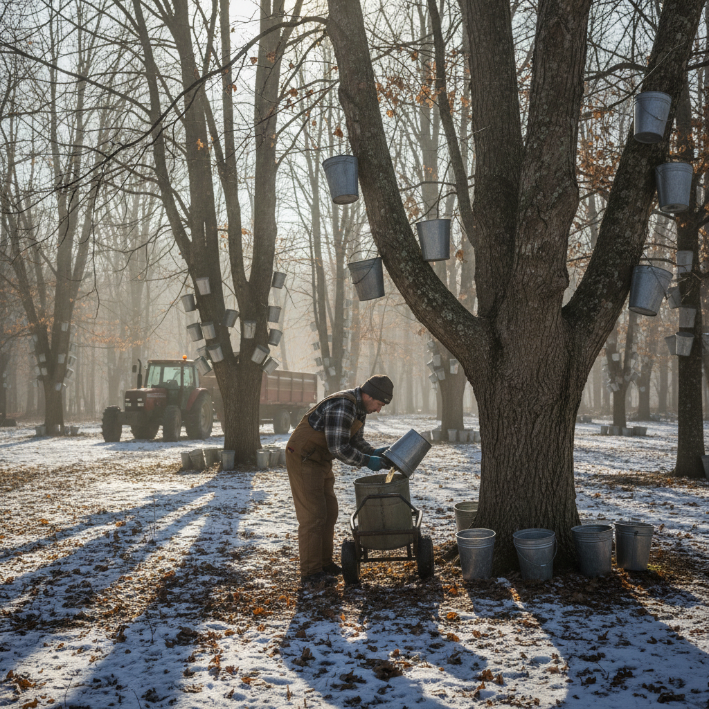 Wide shot of a farmer collecting sap buckets in a maple forest, tractor visible in background, long shadows in morning light