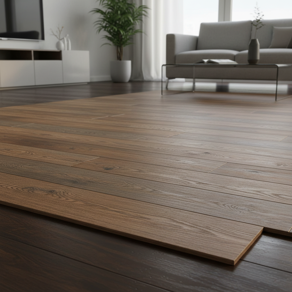 Quartz vinyl floor tiles in contemporary living room