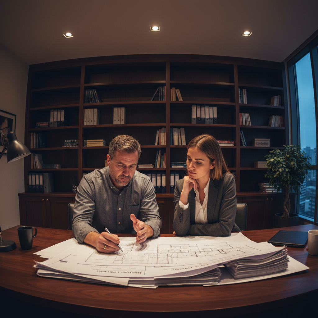 Construction business office, professional contractor meeting, bright well-lit workspace