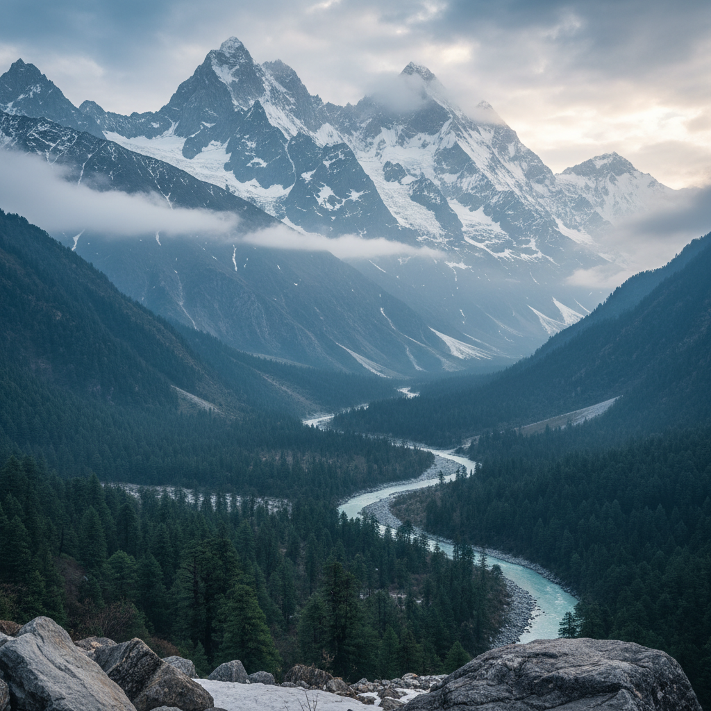 Pahalgam valley with river and pine forests in summer
