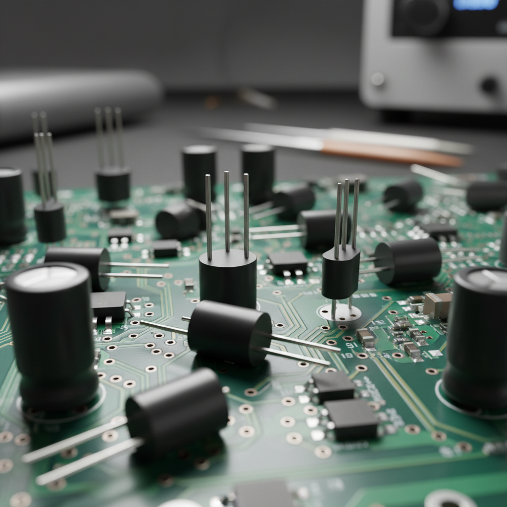 Dark industrial circuit board with green electronic components, moody atmospheric lighting, deep shadows
