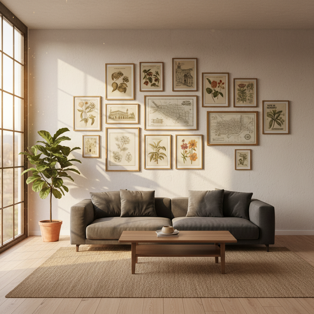 Gallery wall of vintage prints in a modern apartment with warm afternoon light