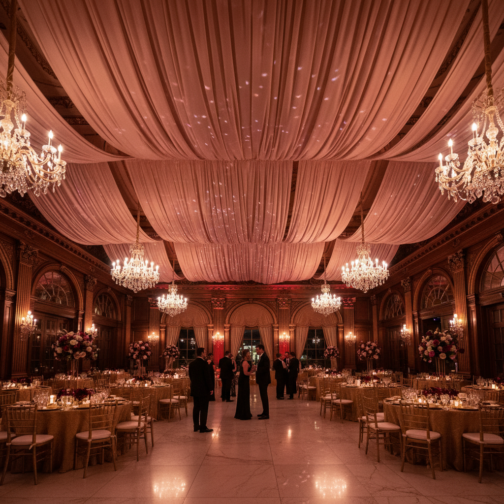 Grand ballroom with merlot uplighting and draped ceilings