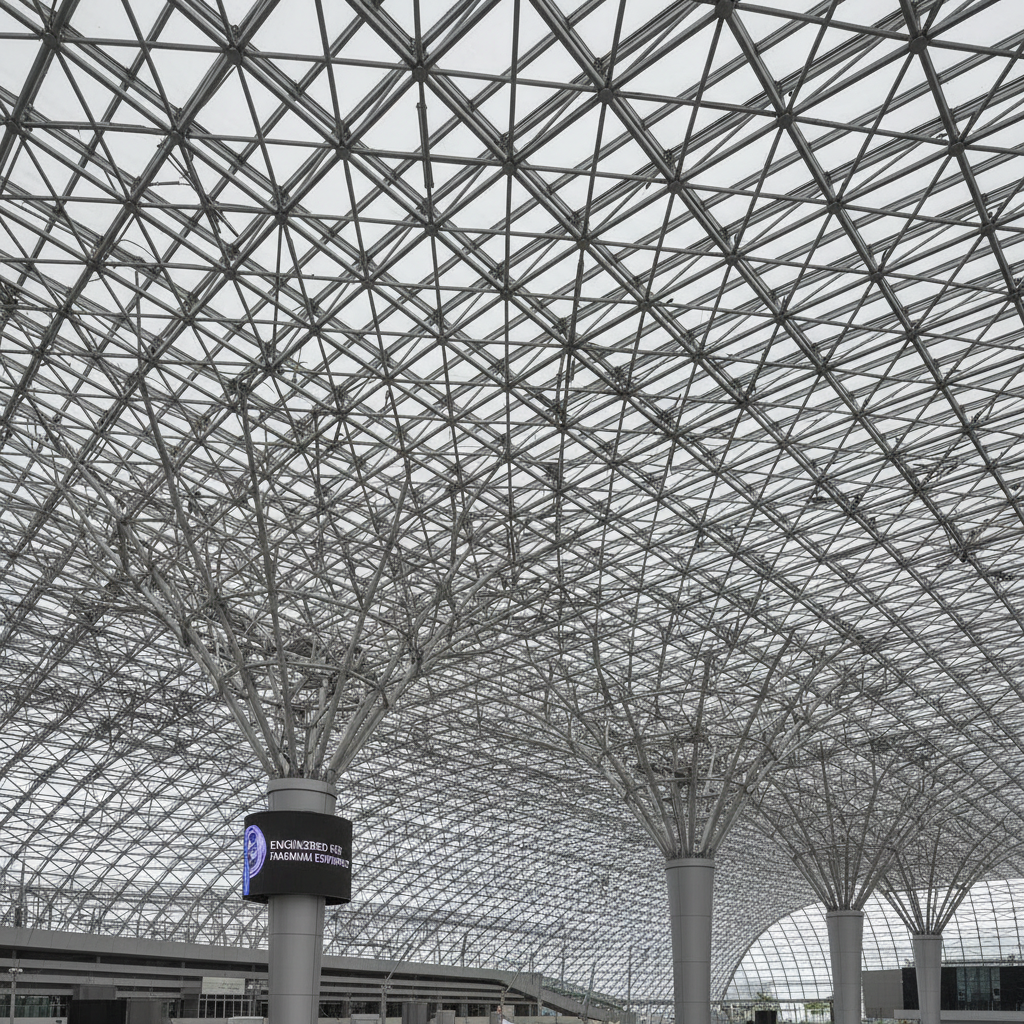 Interior view of large steel space frame roof structure in industrial facility, dramatic geometric steel lattice against bright sky