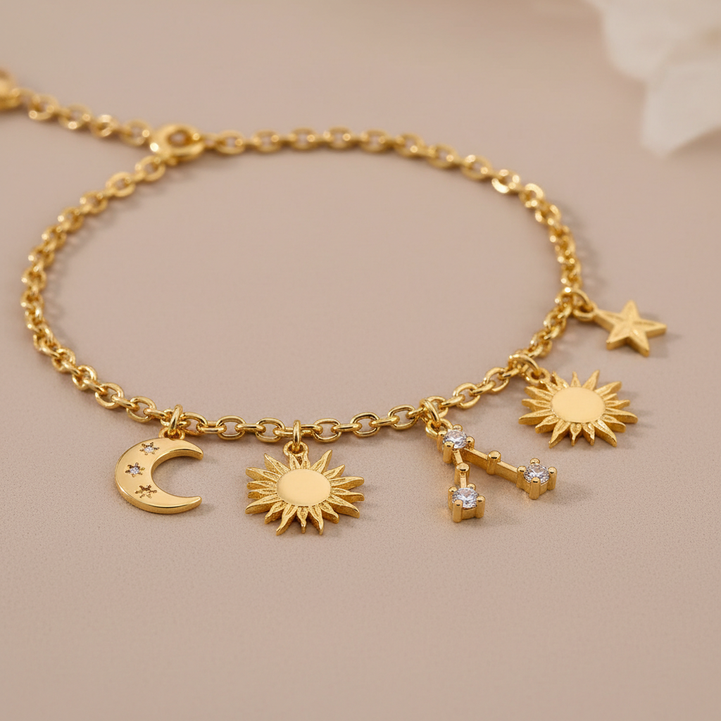 Delicate gold charm bracelet with moon and star pendants on white background clean product photography