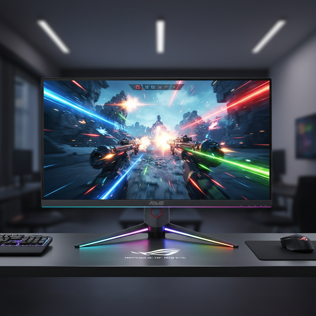 ASUS ROG gaming monitor on dark background with RGB lighting stand
