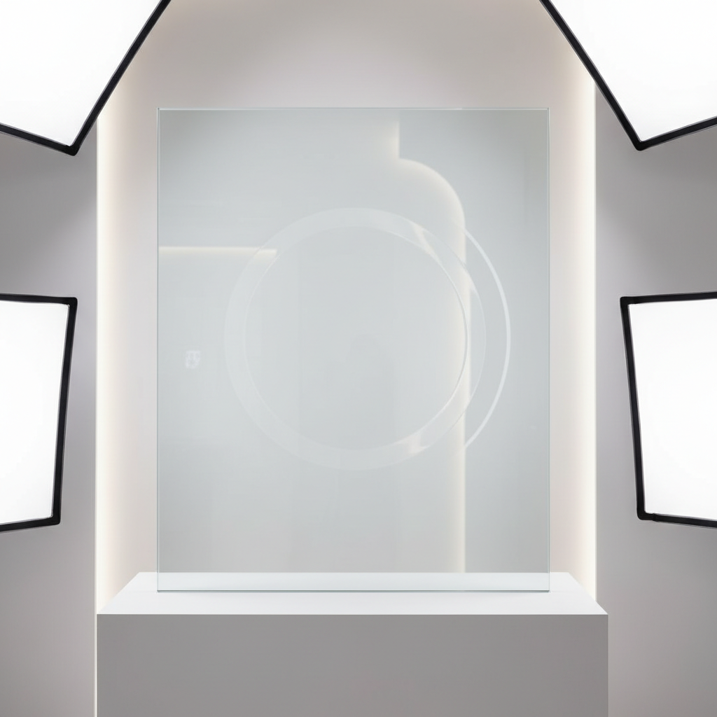 Crystal-clear acrylic display panels reflecting light in a bright showroom, minimal background