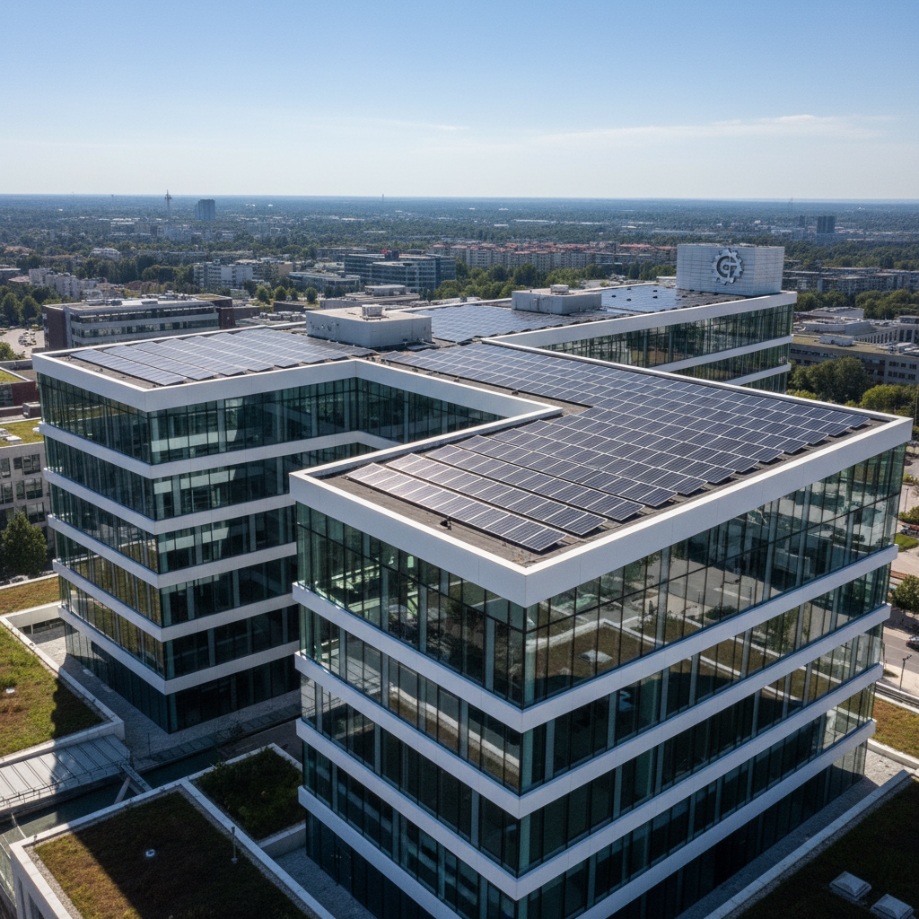 Modern commercial office building with glass facade and solar panels on rooftop under blue sky