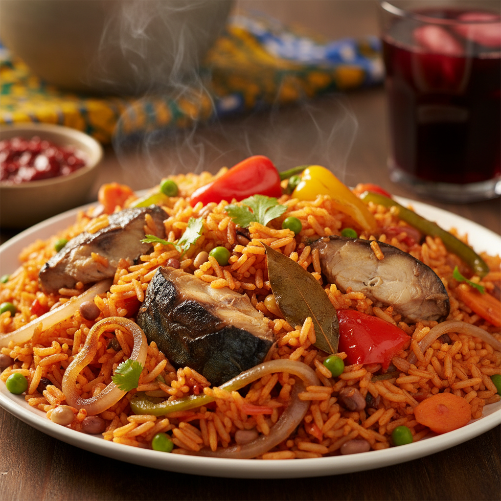 Steaming pot of perfectly cooked Nigerian jollof rice with tomatoes and spices