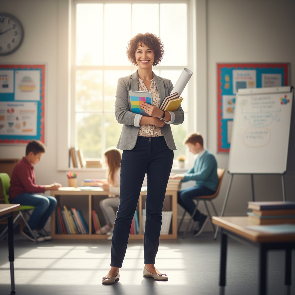 Maya Chen smiling warmly, seated in a bright classroom surrounded by children's artwork