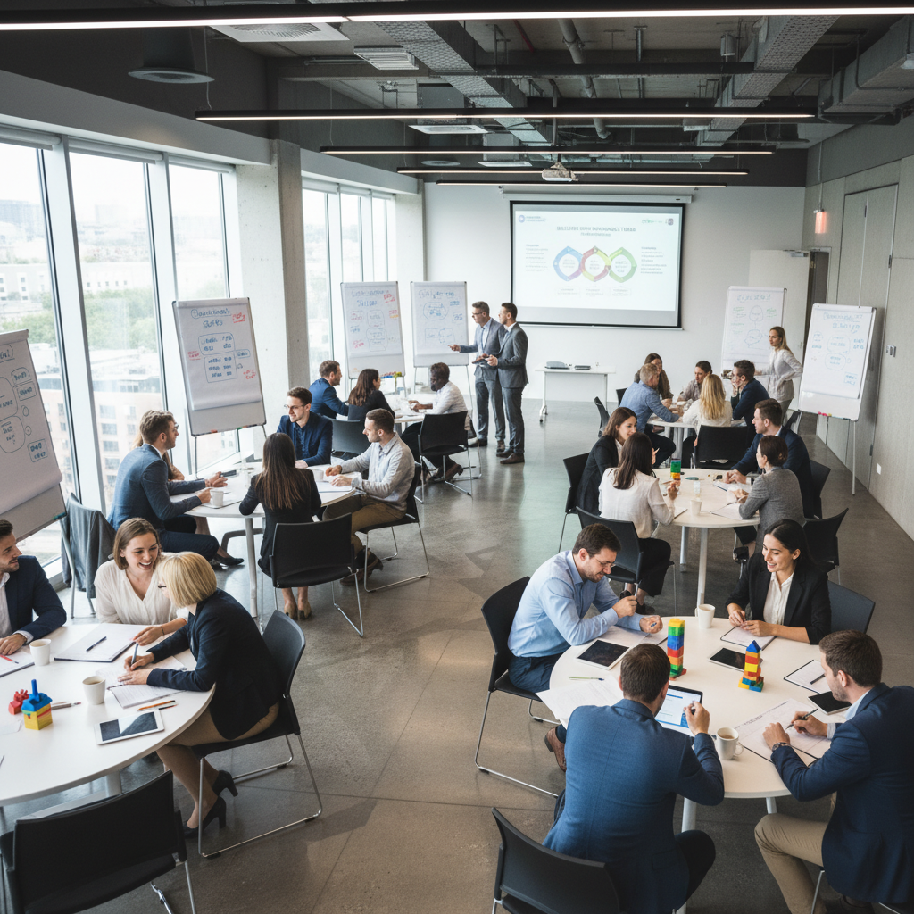 Profesionales en sesión de networking y aprendizaje colaborativo