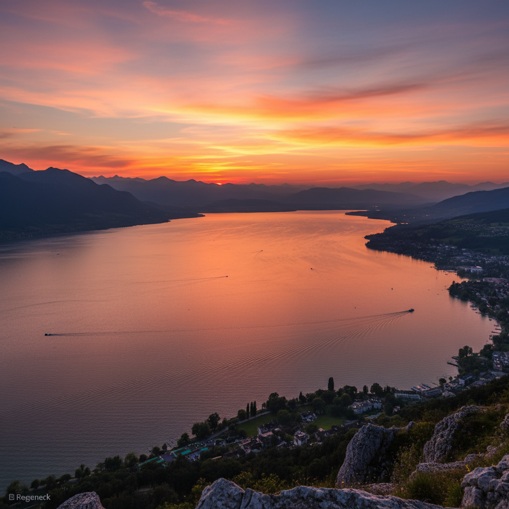 Peisaj panoramic cu munți și vale, soare apunând, cerul colorat în portocaliu și violet