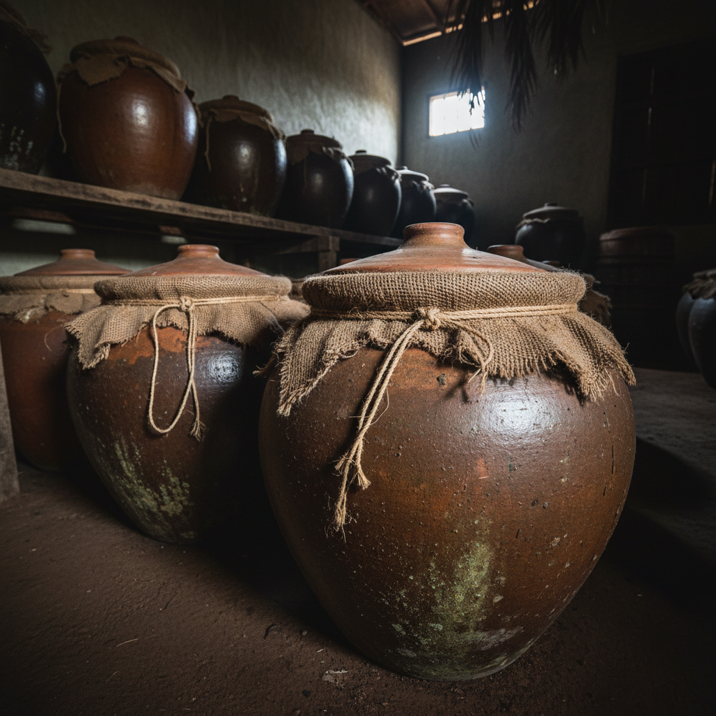 A ceramic crock of dark brown doenjang fermented soybean paste on a wooden surface