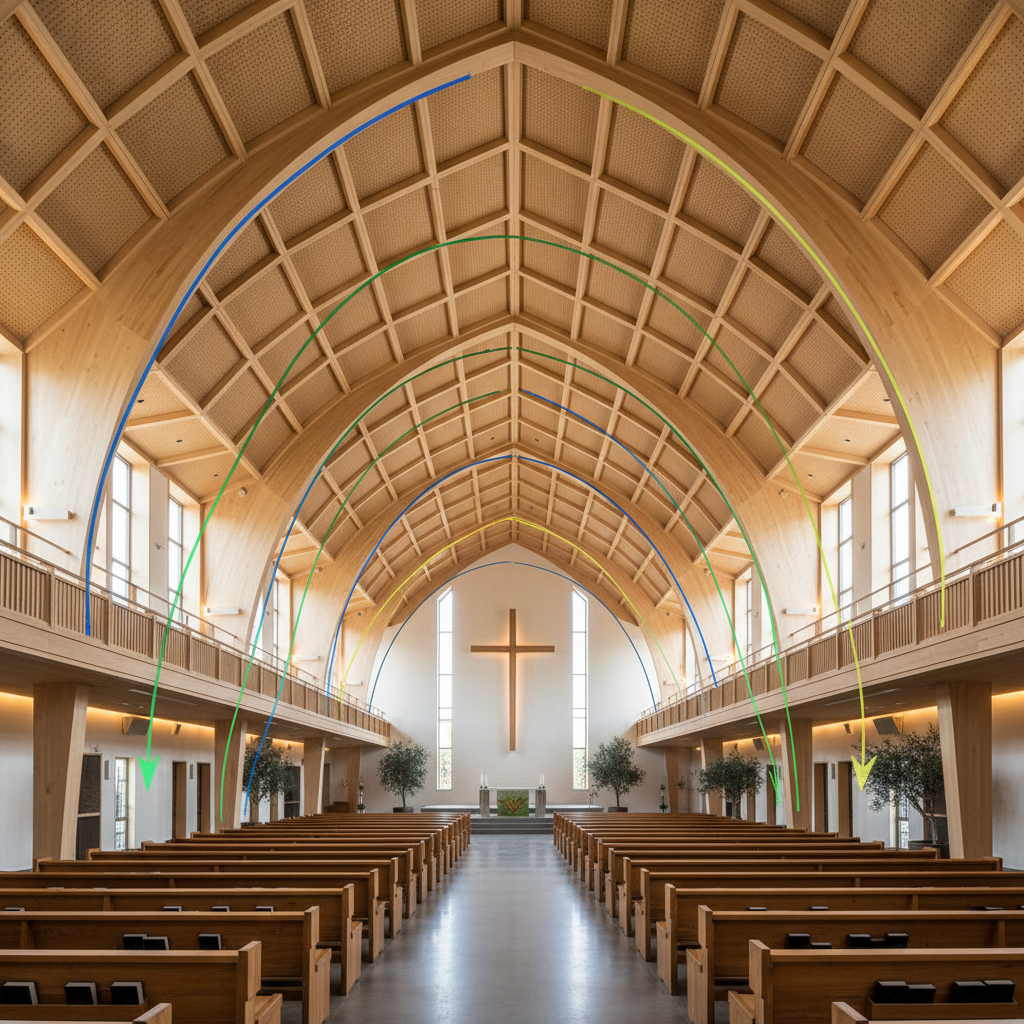 Vaulted acoustic ceiling study showing sound reflection paths in a worship space